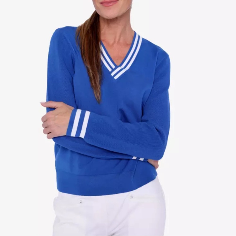 Belyn Key Lucy Varsity Blue V-Neck Sweater women’s L
